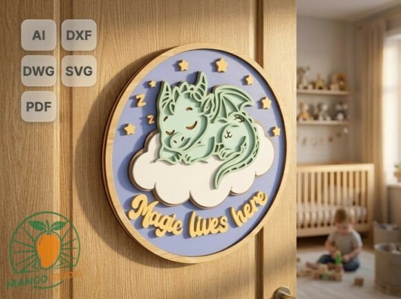 3D Dragon Nursery Door Sign for Laser Cutting Projects