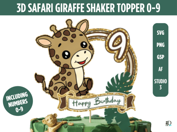 3D Safari Giraffe Shaker Cake Topper 0-9: A Bold Birthday Graphic Design Asset
