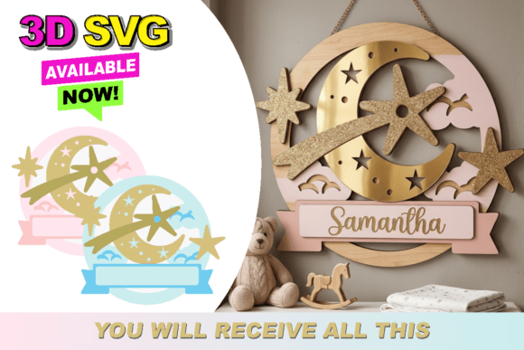 Baby Name Sign Deer Moon Stars 3D SVG for Local Business Branding