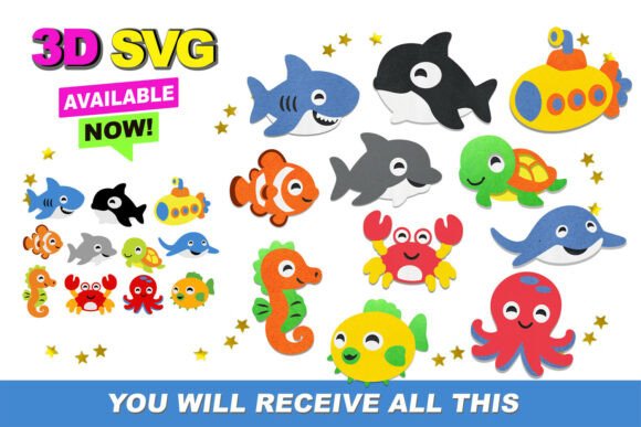 Cute Sea Animals Elements 3D SVG for Crafts and Graphics