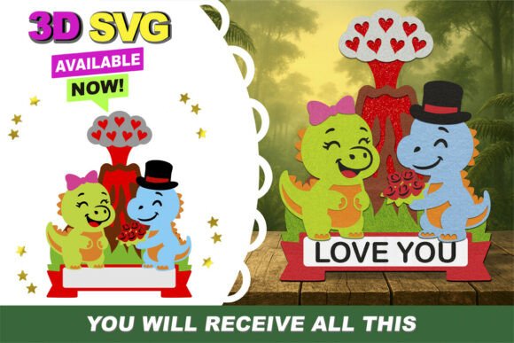 Dino Love Cake Topper 3D SVG for Valentine’s Day Projects