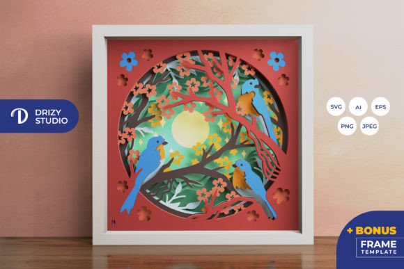 Three Tropical Birds 3D Shadow Box: A Vibrant Design Asset for Branding